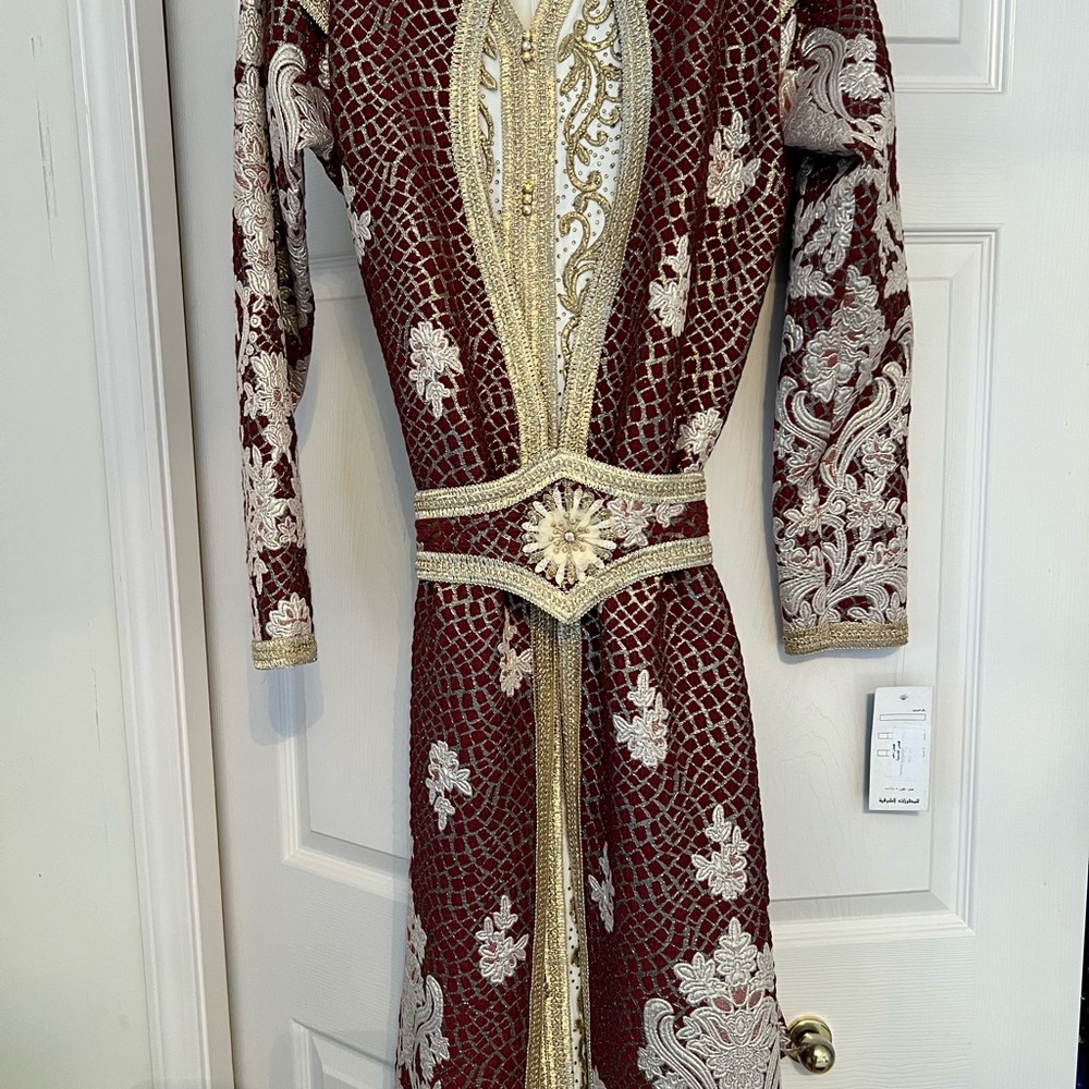 Authentic Moroccan Kaftan Burgundy and Gold Embroidered two piece